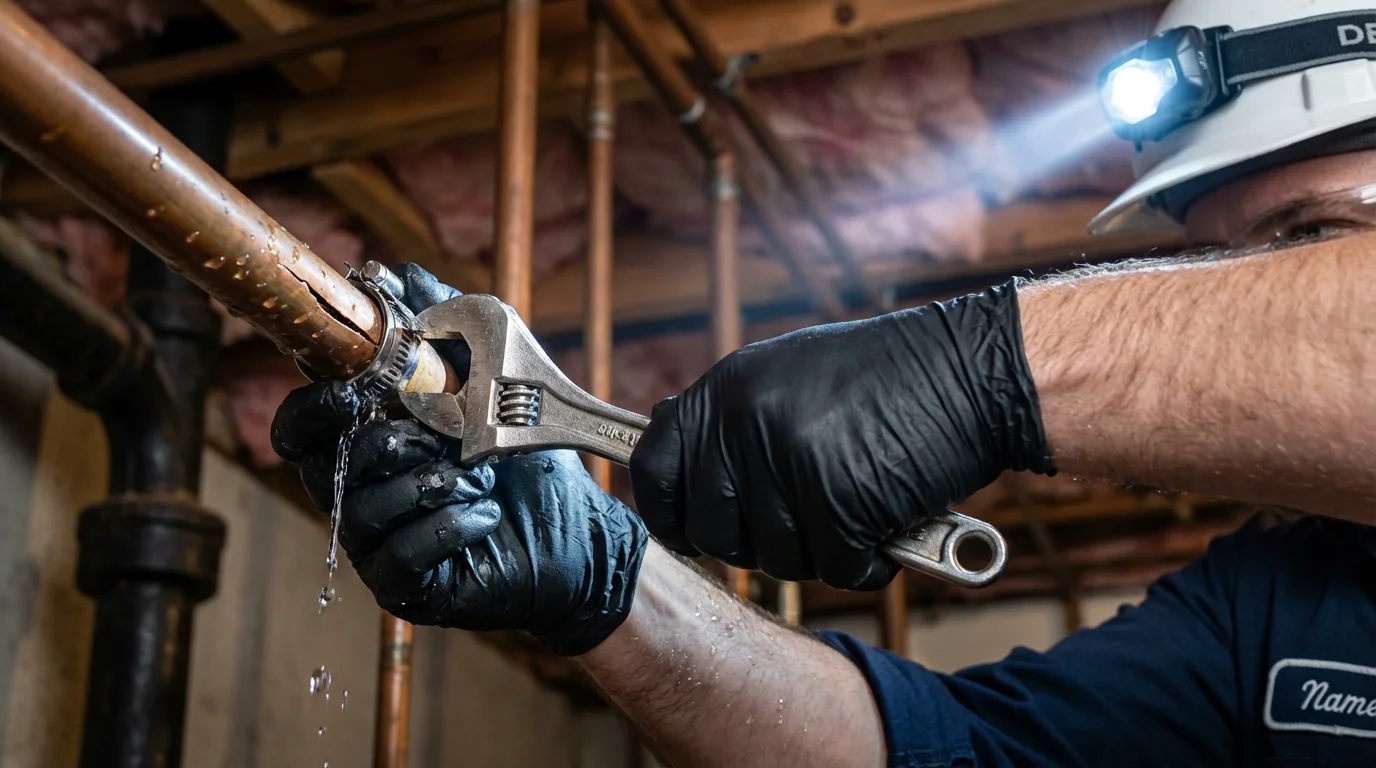 Emergency pipe clamp repair being performed by a Johns Plumbing LLC plumber in Allen
