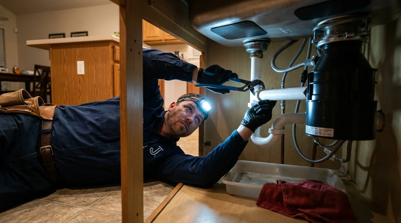 P-trap and supply line connections under a kitchen sink showing a common leak point in Allen, TX